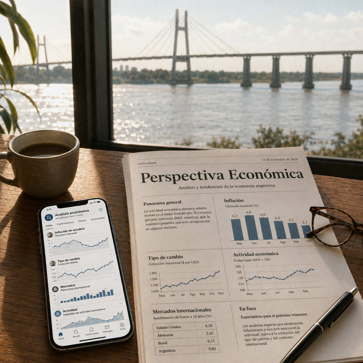 Mesa de trabajo con smartphone, newsletter y vista al Puente Rosario-Victoria